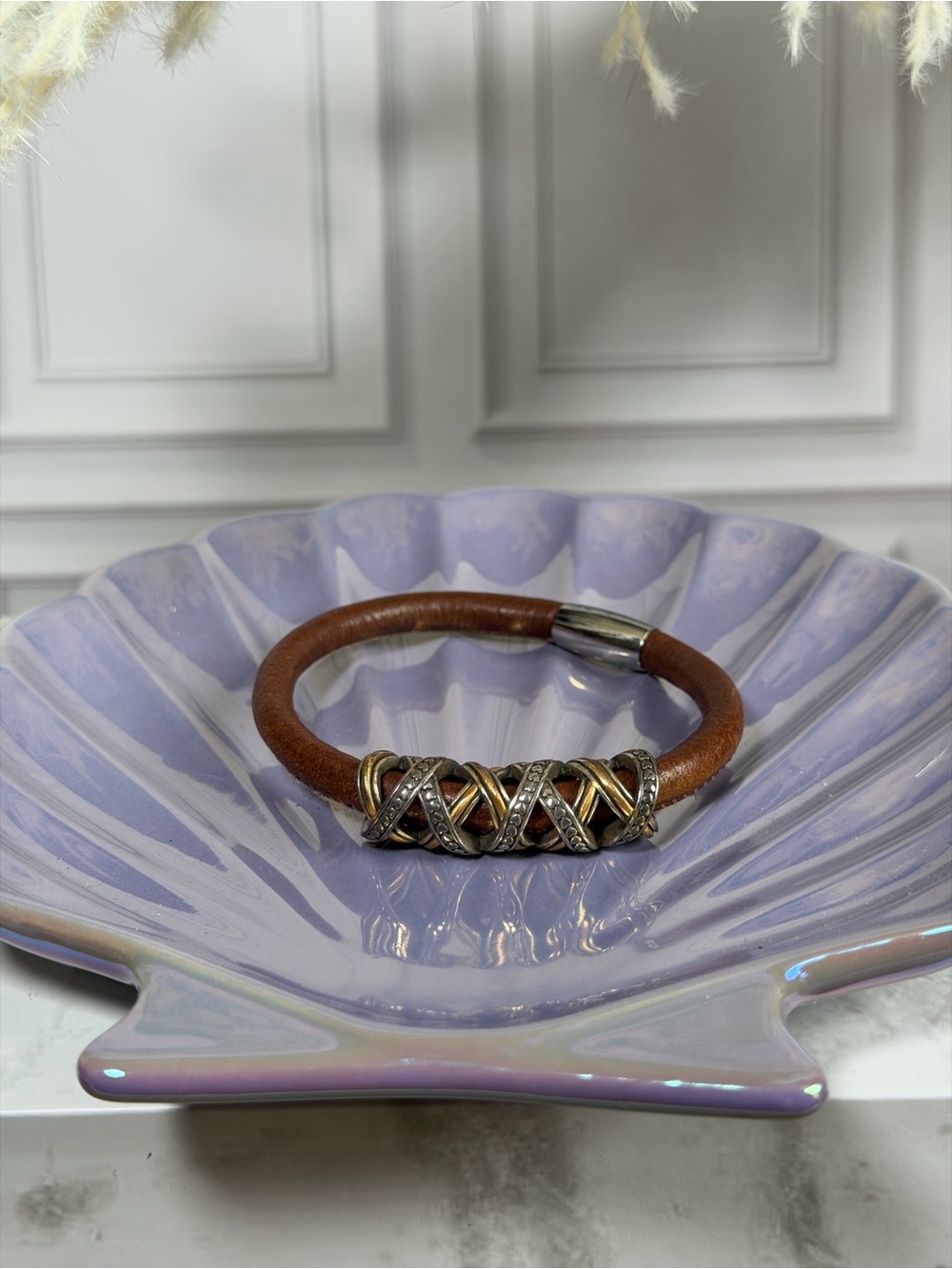 Brown Leather Bracelet Mixed Metal Woven Cuff Magnetic Clasp Statement Jewelry